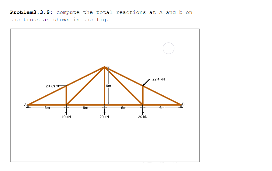 Problem3.3.9: compute the total reactions at A and b on
the truss as shown in the fig.
22.4 kN
20 kN
6m
6m
6m
6m
6m
10 kN
20 kN
30 kN
