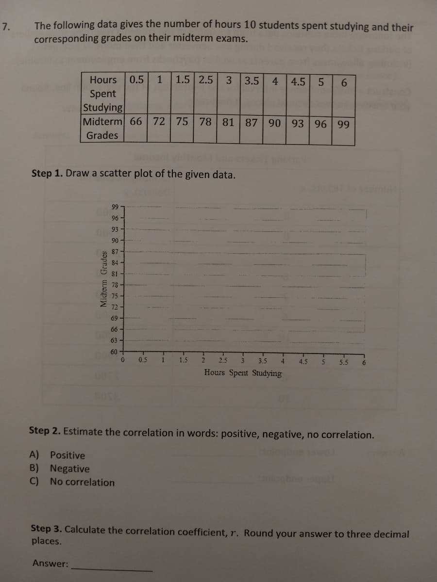 7.
The following data gives the number of hours 10 students spent studying and their
corresponding grades on their midterm exams.
Hours 0.5 1 1.5 2.5 3 3.5 4 4.5 5 6
Spent
Studying
Midterm 66 72 75 78 81
Grades
Step 1. Draw a scatter plot of the given data.
Midterm Grades
Answer:
99-
96-
93
90
87
84
$1
78
75
72
69
66
63
60
0
T
0.5 1
1.5
90
87 ⁹0 93 96 99
2.5
3.5
Hours Spent Studying
4
4.5 5 5.5
6
Step 2. Estimate the correlation in words: positive, negative, no correlation.
A) Positive
B) Negative
C) No correlation
Step 3. Calculate the correlation coefficient, r. Round your answer to three decimal
places.