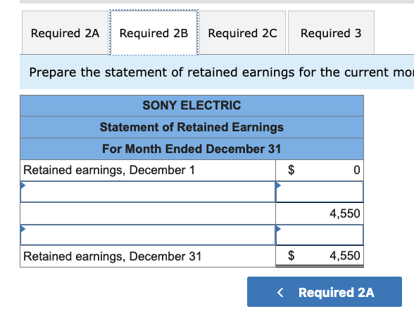 Required 2A Required 2B
Required 20
Required 3
Prepare the statement of retained earnings for the current mor
SONY ELECTRIC
Statement of Retained Earnings
For Month Ended December 31
Retained earnings, December 1
$
4,550
Retained earnings, December 31
$
4,550
< Required 2A
