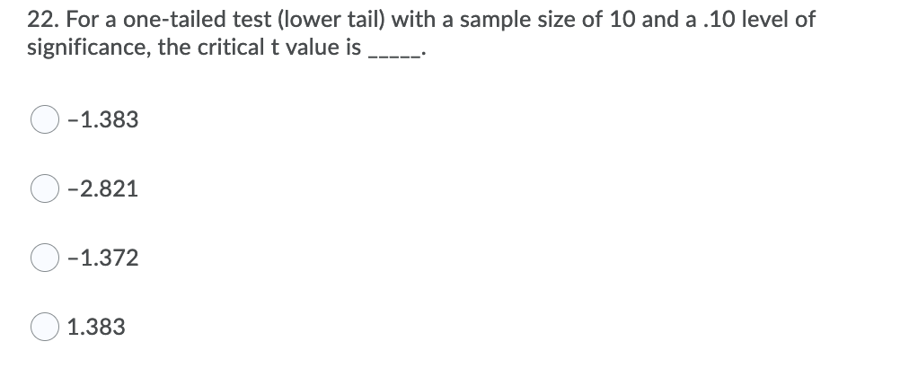 22. For a one-tailed test (lower tail) with a sample size of 10 and a .10 level of
significance, the critical t value is
-1.383
-2.821
-1.372
1.383
