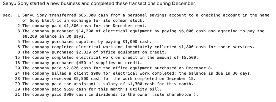 Sanyu Sony started a new business and completed these transactions during December.
Dec. 1 Sanyu Sony transferred $65,300 cash from a personal savings account to a checking account in the name
of Sony Electric in exchange for its common stock.
2 The company paid $1,800 cash for the December rent.
3 The company purchased $14,200 of electrical equipment by paying $6,000 cash and agreeing to pay the
$8,200 balance in 30 days.
5 The company purchased supplies by paying $1,000 cash.
6 The company completed electrical work and immediately collected $1,800 cash for these services.
8 The company purchased $2,820 of office equipment on credit.
15 The company completed electrical work on credit in the amount of $5,500.
18 The company purchased $450 of supplies on credit.
20 The company paid $2,820 cash for the office equipment purchased on December 8.
24 The company billed a client $900 for electrical work completed; the balance is due in 30 days.
28 The company received $5,500 cash for the work completed on December 15.
29 The company paid the assistant's salary of $1,300 cash for this month.
30 The company paid $550 cash for this month's utility bill.
31 The company paid $980 cash in dividends to the owner (sole shareholder).
