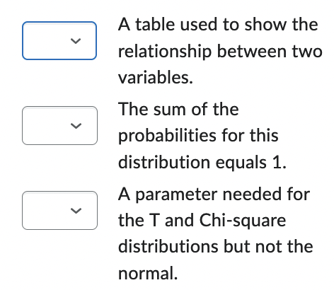 <
>
A table used to show the
relationship between two
variables.
The sum of the
probabilities for this
distribution equals 1.
A parameter needed for
the T and Chi-square
distributions but not the
normal.