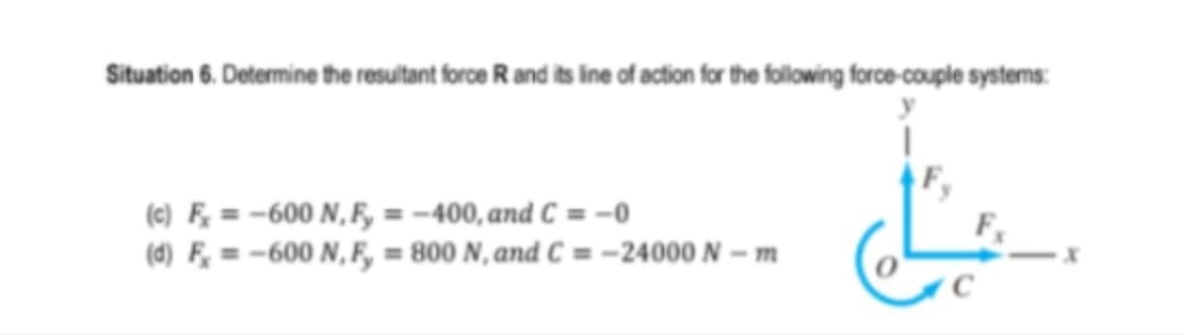Situation 6. Determine the resultant foroe R and its line of action for the follwing force-couple systems:
(c) F, = -600 N,F, = -400, and C = -0
(d) F, = -600 N,F, = 800 N, and C = -24000 N – m
