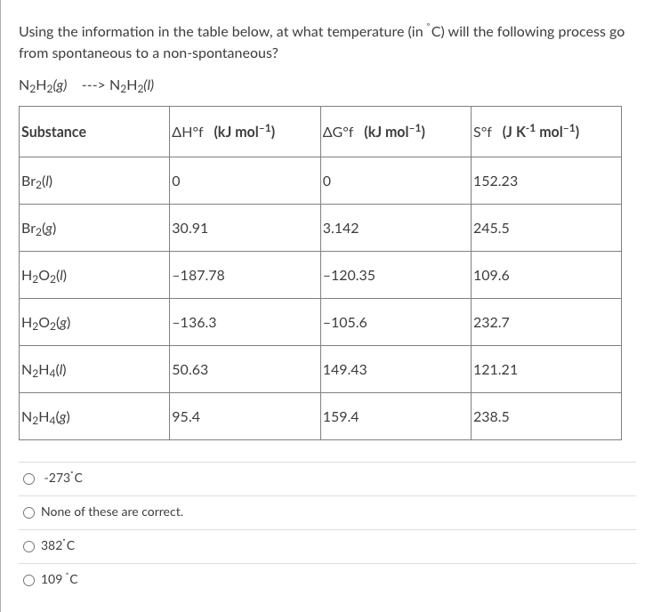 Using the information in the table below, at what temperature (in C) will the following process go
from spontaneous to a non-spontaneous?
N2H2(3) ---> N2H2(1)
Substance
AH°f (kJ mol-1)
|ΔG°¢ (kJ mol-1)
S°f (J K-1 mol-1)
Br2()
152.23
Br2(g)
30.91
3.142
245.5
H2O2(1)
-187.78
|-120.35
109.6
H2O2(g)
|-136.3
|-105.6
232.7
N2H4)
50.63
149.43
121.21
N2H4(g)
95.4
159.4
238.5
-273'C
None of these are correct.
382°C
109 °C
