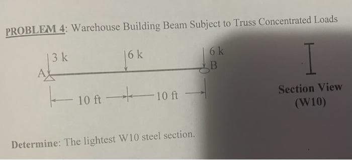 PROBLEM 4: Warehouse Building Beam Subject to Truss Concentrated Loads
3 k
16 k
10 ft 10 ft
Determine: The lightest W10 steel section.
6 k
B
I
Section View
(W10)