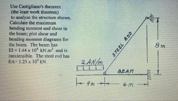 Use Castigliano's theorem
(the least work theorem)
to analyze the structure shown.
Calculate the maximum
bending moment and shear in
the beam; plot shear and
bending moment diagrams for
the beam. The beam has
El 1.44 x 10 kN.m² and is
inextensible. The steel rod has
EA 1.25 x 10 kN.
D
4-
2 kN/m
14
STEEL ROD
BEAM
6m
777777
8m