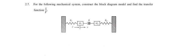 2.7. For the following mechanical system, construct the block diagram model and find the transfer
function
M2
