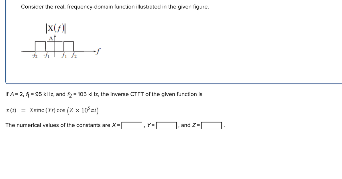 Consider the real, frequency-domain function illustrated in the given figure.
|x(s)|
-f
- -fi | fi f2
If A = 2, f = 95 kHz, and f = 105 kHz, the inverse CTFT of the given function is
x (t)
= Xsinc (Yt) cos (Z × 10°xt)
The numerical values of the constants are X=
Y=
and Z=
