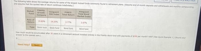 The following table shows the average returns for some of the largest mutual funds commonly found in retirement plans. (Assume end-of-month deposits and withdrawals and monthly compounding,
and assume that the quoted rate of return continues indefinitely.)
Mutual
Fund
Rate of
Returis
Fidelity
Growth
Company
Need Help?
15.83%
Vanguard :
500 Index
PIMCO
Total Return
Vanguard.
Total Bond
Market Index
2.67%
Type Stock fund
Stock fund
Bond fund
How much would be accumulated after 30 years in a retirement account invested entirely in the Fidelity stock fund with payments of $200 per month? HINT [See Quick Example 1.3 (Round your
answer to the nearest cent)
$
ANOTHER
Bond fund