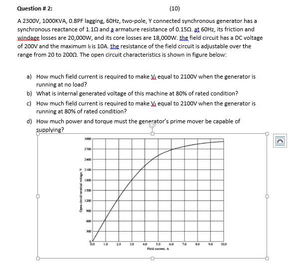 Question # 2:
(10)
A 2300V, 1000KVA, 0.8PF lagging, 60HZ, two-pole, Y connected synchronous generator has a
synchronous reactance of 1.10 and a armature resistance of 0.150. at 60HZ, its friction and
windage losses are 20,000w, and its core losses are 18,000w. the field circuit has a DC voltage
of 200V and the maximum Ițis 10A. the resistance of the field circuit is adjustable over the
range from 20 to 20on. The open circuit characteristics is shown in figure below:
a) How much field current is required to make Vi equal to 2100V when the generator is
running at no load?
b) What is internal generated voltage of this machine at 80% of rated condition?
c) How much field current is required to make Va equal to 2100V when the generator is
running at 80% of rated condition?
d) How much power and torque must the generator's prime mover be capable of
supplying?
3000
2700
2400
> 2100
1800
1500
1200
900
600
00
10
20
30
3.0
6.0
10
9.0
100
Fleld cument, A
A vdegos mu ado
