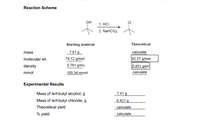 Reaction Scheme
он
1. HCI
2. NaHCO3
Starting material
Theoretical
7.81 g
74.12 g/mol
0.781 g/ml
105.34 mmol
calculate
92.57 g/mol
0.851 g/ml
mass
molecular wt.
density
mmol
calculate
Experimental Results
Mass of tert-butyl alcohol, g
7.81 g
Mass of tert-butyl chloride, g
6.421 g
Theoretical yield
calculate
% yield
calculate

