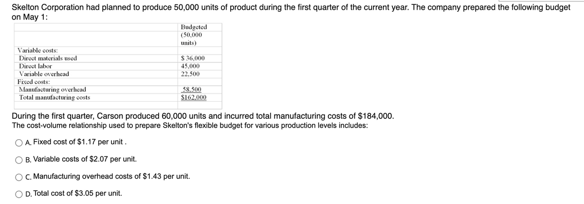 Skelton Corporation had planned to produce 50,000 units of product during the first quarter of the current year. The company prepared the following budget
on May 1:
Budgeted
(50,000
units)
Variable costs:
Direct materials used
$ 36,000
Direct labor
45,000
Variable overhead
22,500
Fixed costs:
Manufacturing overhead
Total manufacturing costs
58,500
$162,000
During the first quarter, Carson produced 60,000 units and incurred total manufacturing costs of $184,000.
The cost-volume relationship used to prepare Skelton's flexible budget for various production levels includes:
A. Fixed cost of $1.17 per unit .
B. Variable costs of $2.07 per unit.
C. Manufacturing overhead costs of $1.43 per unit.
O D. Total cost of $3.05 per unit.
