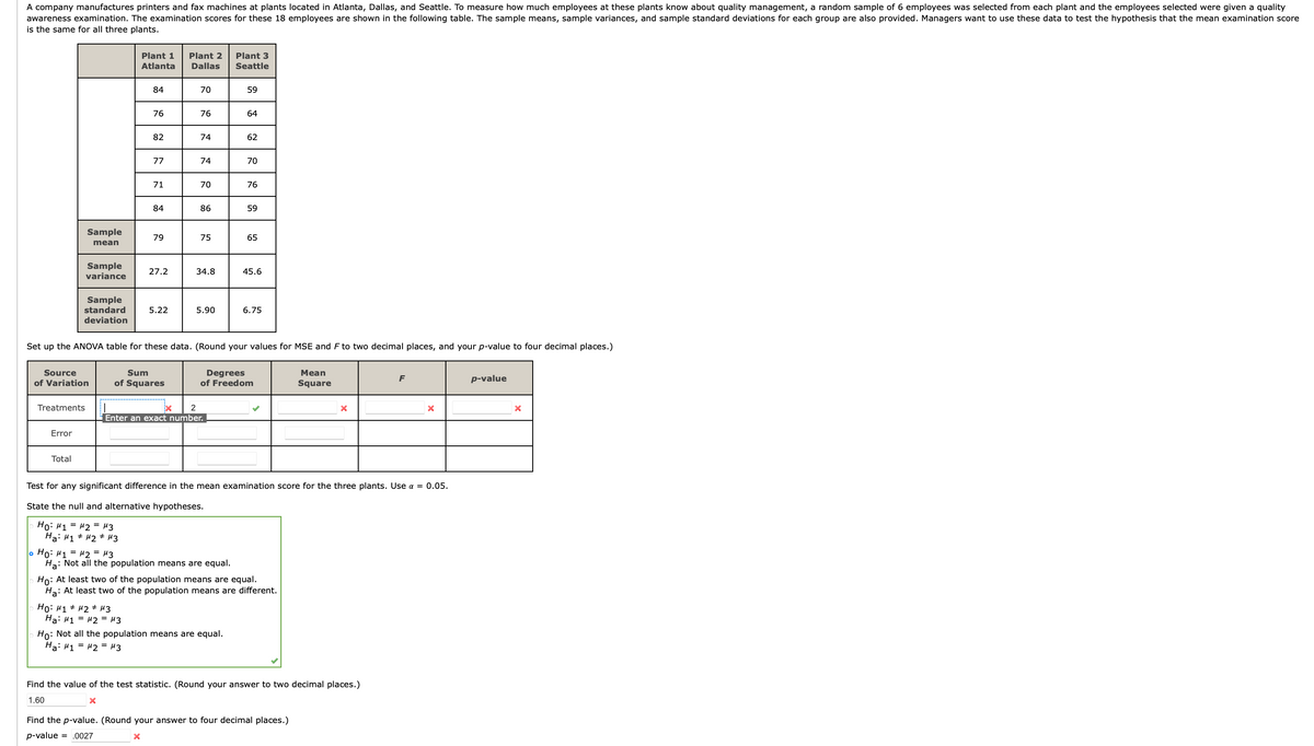 A company manufactures printers and fax machines at plants located in Atlanta, Dallas, and Seattle. To measure how much employees at these plants know about quality management, a random sample of 6 employees was selected from each plant and the employees selected were given a quality
awareness examination. The examination scores for these 18 employees are shown in the following table. The sample means, sample variances, and sample standard deviations for each group are also provided. Managers want to use these data to test the hypothesis that the mean examination score
is the same for all three plants.
Plant 1
Plant 2
Plant 3
Seattle
Atlanta
Dallas
84
70
59
76
76
64
82
74
62
77
74
70
71
70
76
84
86
59
Sample
79
75
65
mean
Sample
variance
27.2
34.8
45.6
Sample
standard
5.22
5.90
6.75
deviation
Set up the ANOVA table for these data. (Round your values for MSE and F to two decimal places, and your p-value to four decimal places.)
Source
Sum
Degrees
of Freedom
Mean
p-value
of Variation
of Squares
Square
Treatments
2
Enter an exact number.
Error
Total
Test for any significant difference in the mean examination score for the three plants. Use a = 0.05.
State the null and alternative hypotheses.
Ho: H1 = 42 = H3
Ha: #1 * H2 + H3
o Ho: H1 = H2 = 43
Ha: Not all the population means are equal.
Ho: At least two of the population means are equal.
Ha: At least two of the population means are different.
Ho: 41 + 42 + 43
Ha: H1 = #2 = #3
Ho: Not all the population means are equal.
Hai H1 = #2 = H3
Find the value of the test statistic. (Round your answer to two decimal places.)
1.60
Find the p-value. (Round your answer to four decimal places.)
p-value = .0027
