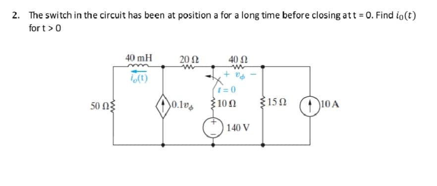 2. The switch in the circuit has been at position a for a long time before closing att = 0. Find io(t)
for t >0
40 mH
202
40 Ω
(t)
t = 0
50 Ωξ
Σ10Ω
3150
)10 A
140 V

