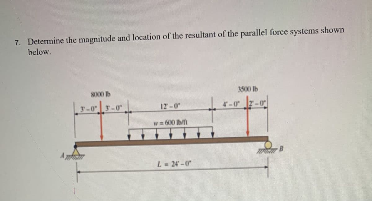 7. Determine the magnitude and location of the resultant of the parallel force systems shown
below.
8000 1b
3500 lb
3'-0" 3-0"
4-0 -0
12-0"
2-0"
w= 600 lb/Tt
L = 24'-0"
