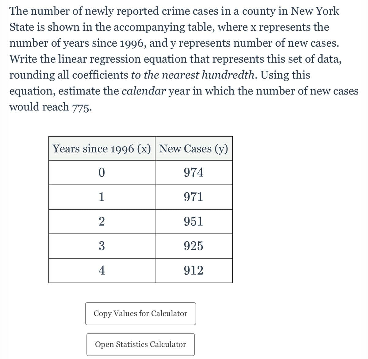 The number of newly reported crime cases in a county in New York
State is shown in the accompanying table, where x represents the
number of years since 1996, and y represents number of new cases.
Write the linear regression equation that represents this set of data,
rounding all coefficients to the nearest hundredth. Using this
equation, estimate the calendar year in which the number of new cases
would reach 775.
Years since 1996 (x) New Cases (y)
974
1
971
951
3
925
4
912
Copy Values for Calculator
Open Statistics Calculator
