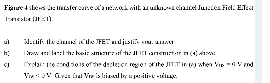 Figure 4 shows the transfer curve of a network with an unknown channel Junction Field Effect
Transistor (JFET).
a)
b)
c)
Identify the channel of the JFET and justify your answer.
Draw and label the basic structure of the JFET construction in (a) above.
Explain the conditions of the depletion region of the JFET in (a) when VGs = 0 V and
VGS <0 V. Given that VDs is biased by a positive voltage.