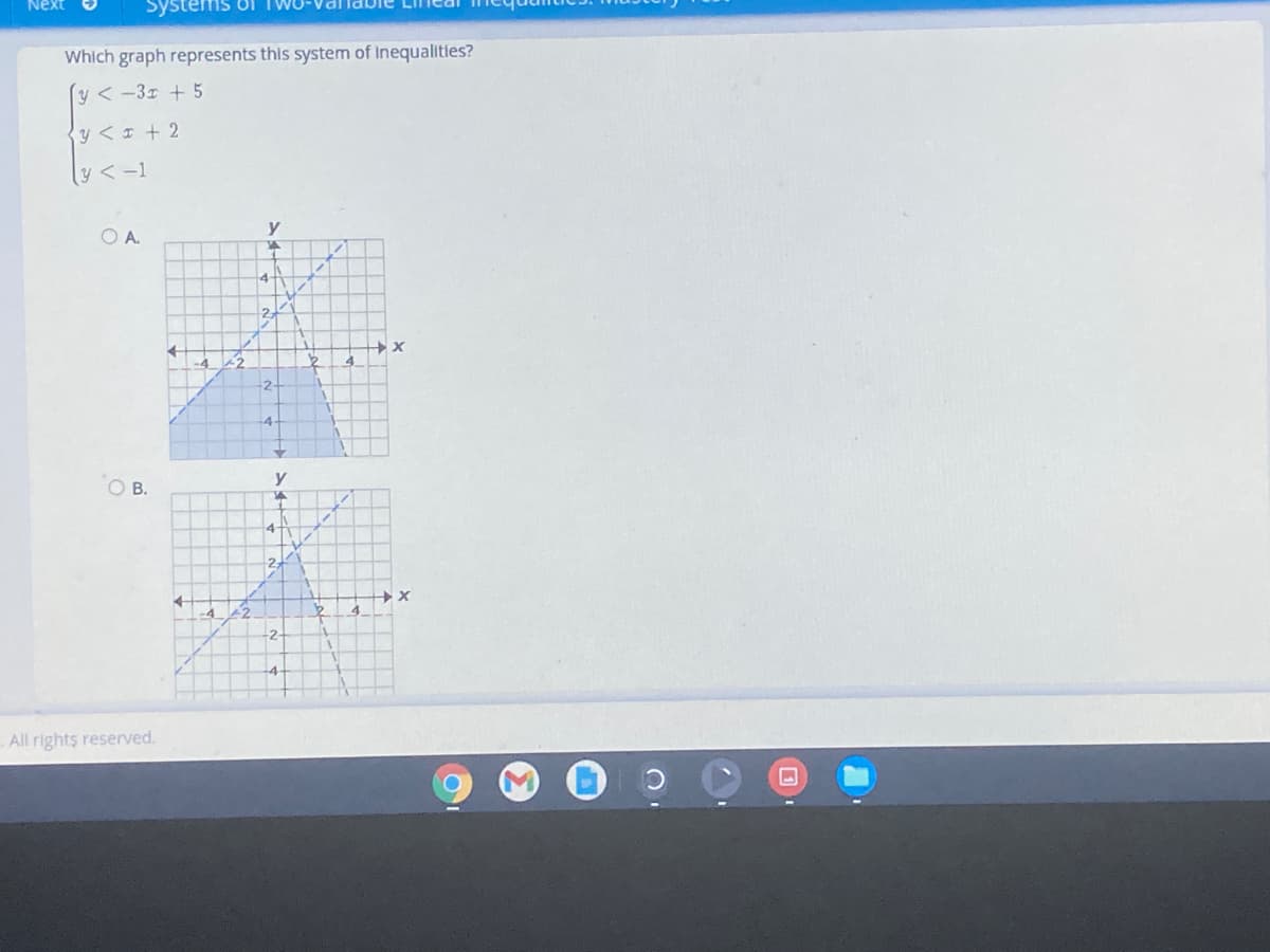 Next
Sys
Which graph represents this system of Inequalities?
(y < -3z + 5
y<I + 2
ly < -1
O A.
y
4.
2
OB.
y
-4
-2
4.
2-
-4
All rights reserved.
