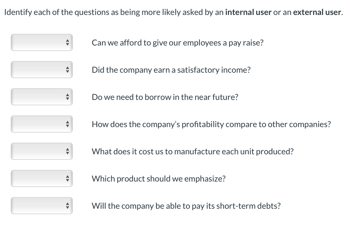 Identify each of the questions as being more likely asked by an internal user or an external user.
Can we afford to give our employees a pay raise?
Did the company earn a satisfactory income?
Do we need to borrow in the near future?
How does the company's profitability compare to other companies?
What does it cost us to manufacture each unit produced?
Which product should we emphasize?
Will the company be able to pay its short-term debts?