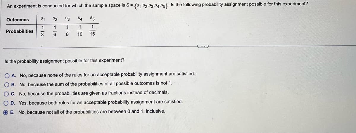 An experiment is conducted for which the sample space is S = {$₁,S2,S3,S4,S5}. Is the following probability assignment possible for this experiment?
Outcomes S₁ $₂
$3
S4 $5
1
1
1
1
1
3
6
8
10 15
Probabilities
Is the probability assignment possible for this experiment?
O A. No, because none of the rules for an acceptable probability assignment are satisfied.
OB. No, because the sum of the probabilities of all possible outcomes is not 1.
OC. No, because the probabilities are given as fractions instead of decimals.
O D. Yes, because both rules for an acceptable probability assignment are satisfied.
OE. No, because not all of the probabilities are between 0 and 1, inclusive.