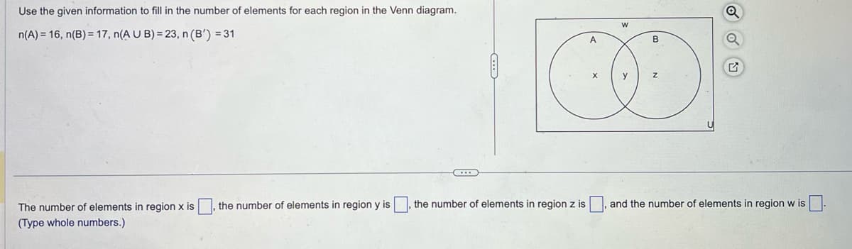 Use the given information to fill in the number of elements for each region in the Venn diagram.
n(A) = 16, n(B) = 17, n(A U B) = 23, n (B') = 31
The number of elements in region x is
(Type whole numbers.)
the number of elements in region y is
the number of elements in region z is
A
X
W
y
B
Z
and the number of elements in region w is