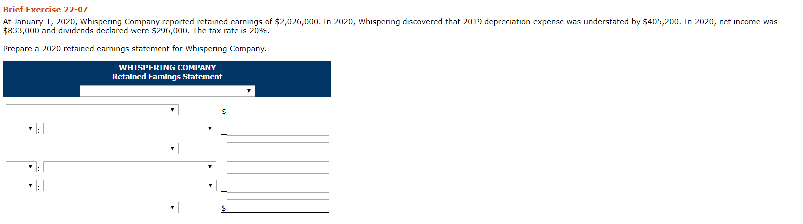 Prepare a 2020 retained earnings statement for Whispering Company.
