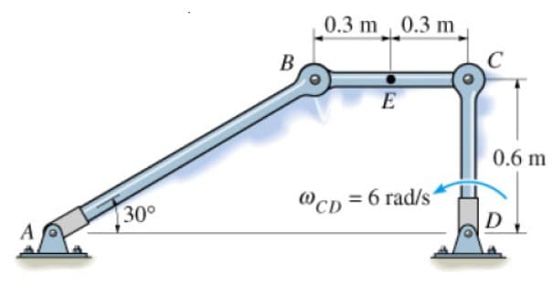 0.3 m 0.3 m
E
0.6 m
@cD = 6 rad/s“
D
30°
A
