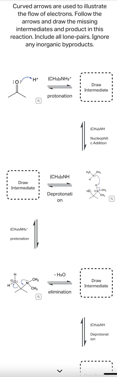 Curved arrows are used to illustrate
the flow of electrons. Follow the
arrows and draw the missing
intermediates and product in this
reaction. Include all lone-pairs. Ignore
any inorganic byproducts.
:0:
Draw
Intermediate
(CH3)2NH₂+
protonation
H+
00:
deg
H
Q
CH3
CH3
(CH3)2NH2+
protonation
(CH3)2NH
Deprotonati
on
- H₂O
elimination
Draw
Intermediate
(CH3)2NH
Nucleophili
c Addition
HỘI ỔNCH,
CH₂
Draw
Intermediate
(CH3)2NH
Deprotonat
ion
Q