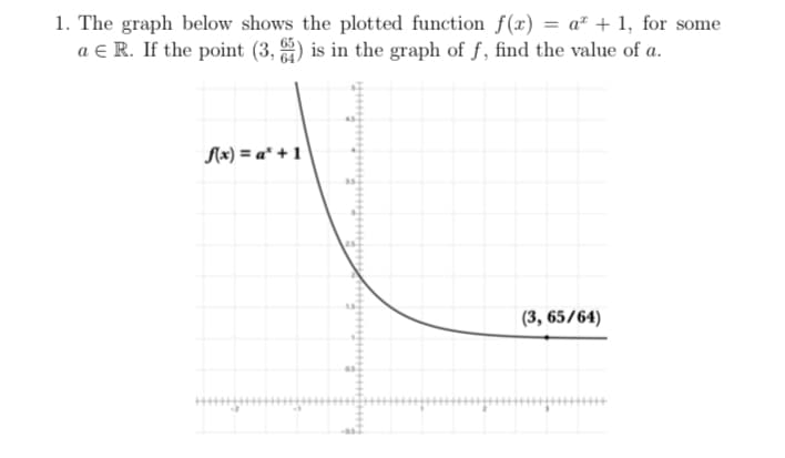 1. The graph below shows the plotted function f(x) = a² + 1, for some
a e R. If the point (3, ) is in the graph of f, find the value of a.
M(x) = a* + 1
|(3, 65/64)
