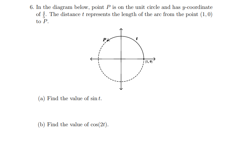 6. In the diagram below, point P is on the unit circle and has y-coordinate
of . The distance t represents the length of the arc from the point (1,0)
to P.
PK
i (1, 0)
(a) Find the value of sin t.
(b) Find the value of cos(2t).
