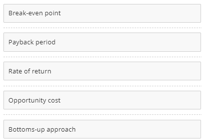 Break-even point
Payback period
Rate of return
Opportunity cost
Bottoms-up approach

