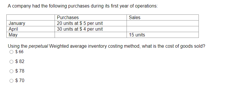 A company had the following purchases during its first year of operations:
Purchases
20 units at $ 5 per unit
30 units at $ 4 per unit
Sales
January
April
May
15 units
Using the perpetual Weighted average inventory costing method, what is the cost of goods sold?
O $66
$ 82
$ 78
O $ 70
