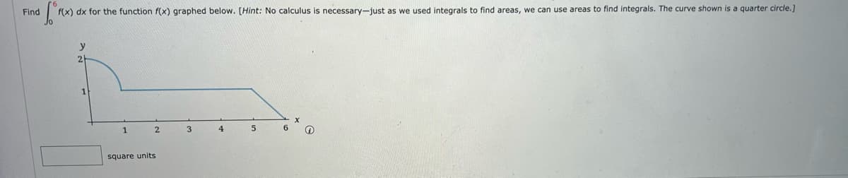 Find
f(x) dx for the function f(x) graphed below. [Hint: No calculus is necessary-just as we used integrals to find areas, we can use areas to find integrals. The curve shown is a quarter circle.]
y
2
2
square units
3
4
5
6