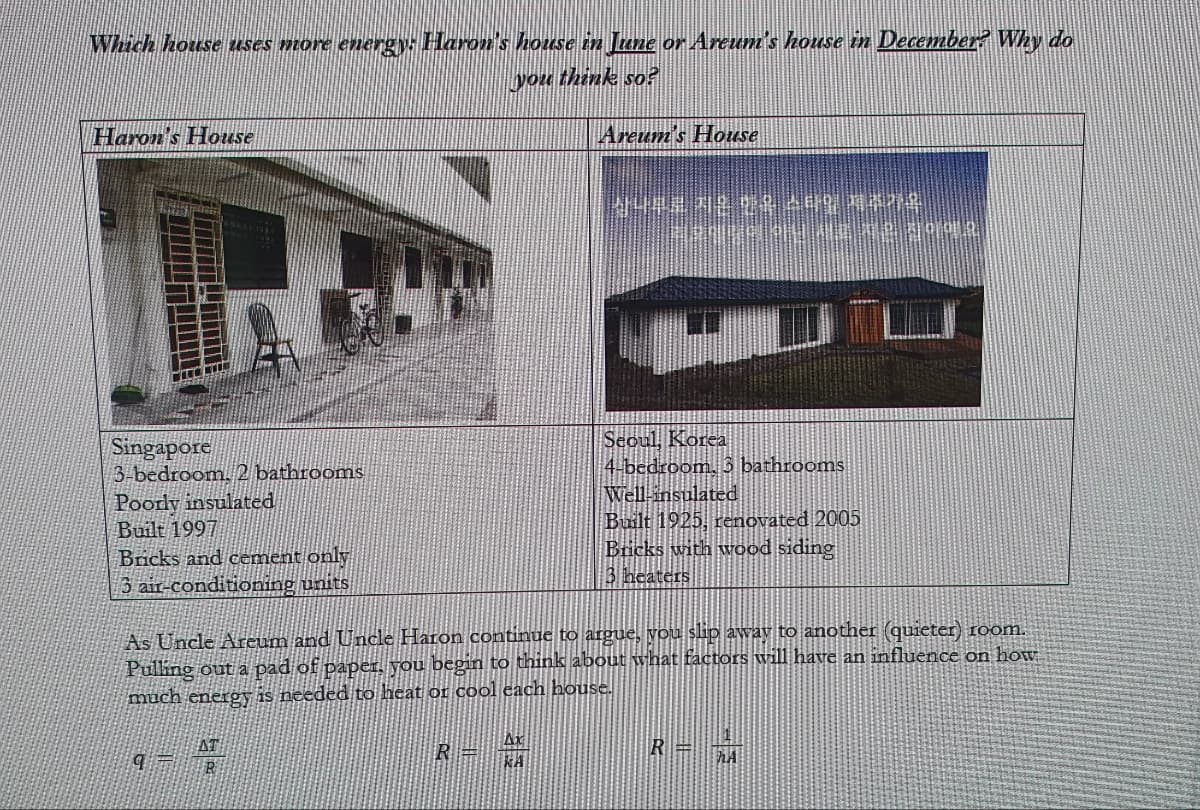 Which house uses more energy: Haron's house in June or Areum's house in December? Why do
you think so?
Haron's House
Areum's House
JUNE 1² 24 4ª71476
Singapore
Seoul, Korea
3-bedroom. 2 bathrooms
4-bedroom. 3 bathrooms
Well-insulated
Poorly insulated
Built 1997
Bricks and cement only
Built 1925, renovated 2005
Bricks with wood siding
3 heaters
3 air-conditioning units
As Uncle Areum and Uncle Haron continue to argue, you slip away to another (quieter) room.
Pulling out a pad of paper, you begin to think about what factors will have an influence on how
much energy is needed to heat or cool each house.
R=
R=
hA
NOOR