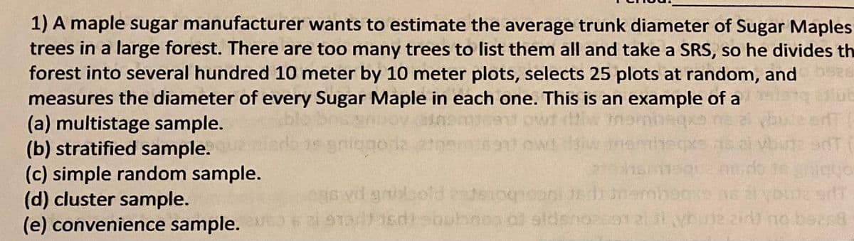 1) A maple sugar manufacturer wants to estimate the average trunk diameter of Sugar Maples
trees in a large forest. There are too many trees to list them all and take a SRS, so he divides th
forest into several hundred 10 meter by 10 meter plots, selects 25 plots at random, and
measures the diameter of every Sugar Maple in each one. This is an example of a
(a) multistage sample.
(b) stratified sample.
(c) simple random sample.
(d) cluster sample.
(e) convenience sample. ST
ge vd gni
TOt soubnea
slden
yhute i no bees8
