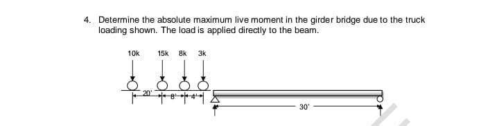 4. Determine the absolute maximum live moment in the girder bridge due to the truck
loading shown. The load is applied directly to the beam.
10k
15k
8k 3k
20'
30'
