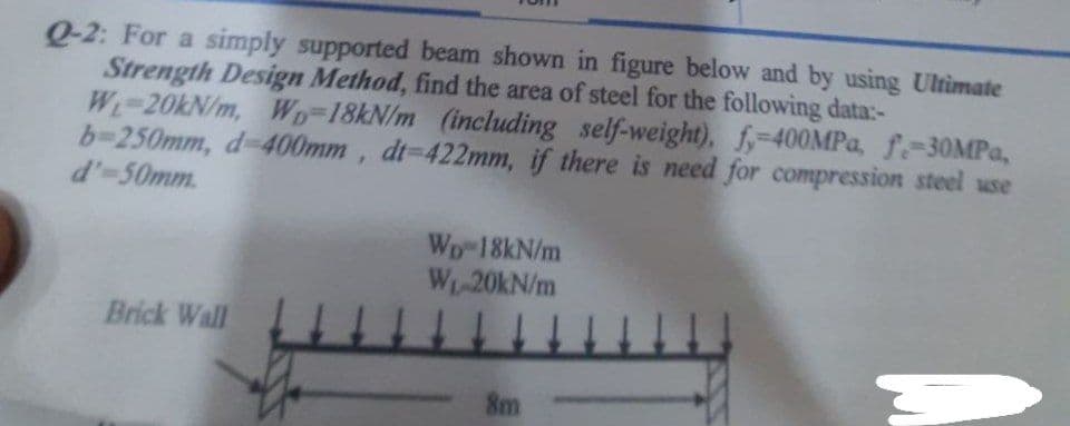 Q-2: For a simply supported beam shown in figure below and by using Ultimate
Strength Design Method, find the area of steel for the following data:-
W 20KN/m, WD-18KN/m (including self-weight), f-400MPA, f-30MPa,
b-250mm, d-400mm, dt-422mm, if there is need for compression steel use
d'-50mm.
Wp 18KN/m
WLA20KN/m
Brick Wall
8m
