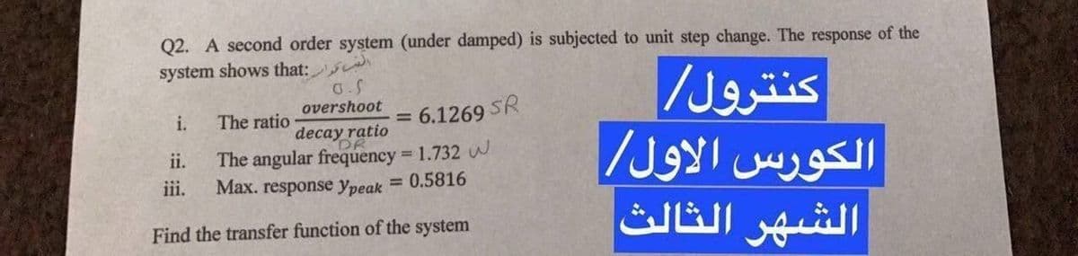 Q2. A second order system (under damped) is subjected to unit step change. The response of the
system shows that:
کنترول
الكورس الأول|
الشهر الثالث
G.S
overshoot
The ratio
= 6.1269 SR
i.
decay ratio
The angular frequency 1.732
Max. response ypeak = 0.5816
ii.
iii.
Find the transfer function of the system

