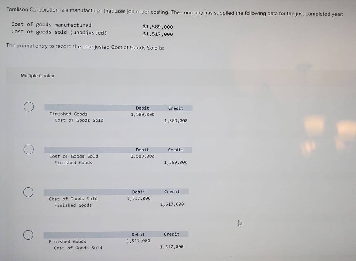 Tomlison Corporation is a manufacturer that uses job-order costing. The company has supplied the following data for the just completed year:
Cost of goods manufactured
Cost of goods sold (unadjusted)
$1,589,000
$1,517,000
The journal entry to record the unadjusted Cost of Goods Sold is:
Multiple Choice
Debit
Credit
Finished Goods
1,589,000
Cost of Goods Sold
1,589,000
Debit
Credit
Cost of Goods Sold
1,589,000
Finished Goods
1,589,000
Debit
Credit
Cost of Goods Sold
1,517,000
Finished Goods
1,517,000
Debit
Credit
Finished Goods
1,517,000
Cost of Goods Sold
1,517,000
