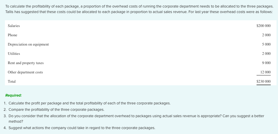 To calculate the profitability of each package, a proportion of the overhead costs of running the corporate department needs to be allocated to the three packages.
Tallis has suggested that these costs could be allocated to each package in proportion to actual sales revenue. For last year these overhead costs were as follows:
Salaries
$200 000
Phone
2 000
Depreciation on equipment
5 000
Utilities
2 000
Rent and property taxes
9 000
Other department costs
12 000
Total
$230 000
Required:
1. Calculate the profit per package and the total profitability of each of the three corporate packages.
2. Compare the profitability of the three corporate packages.
3. Do you consider that the allocation of the corporate department overhead to packages using actual sales revenue is appropriate? Can you suggest a better
method?
4. Suggest what actions the company could take in regard to the three corporate packages.
