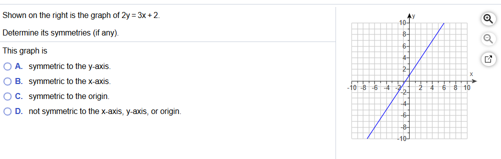 Shown on the right is the graph of 2y = 3x + 2.
Ay
10-
Determine its symmetries (if any).
8-
This graph is
6-
4-
ГА
O A. symmetric to the y-axis.
O B. symmetric to the x-axis.
OC. symmetric to the origin.
-10 -8
2.
-6
-4
10
и.
O D. not symmetric to the x-axis, y-axis, or origin.
6-
-8-
-10-
