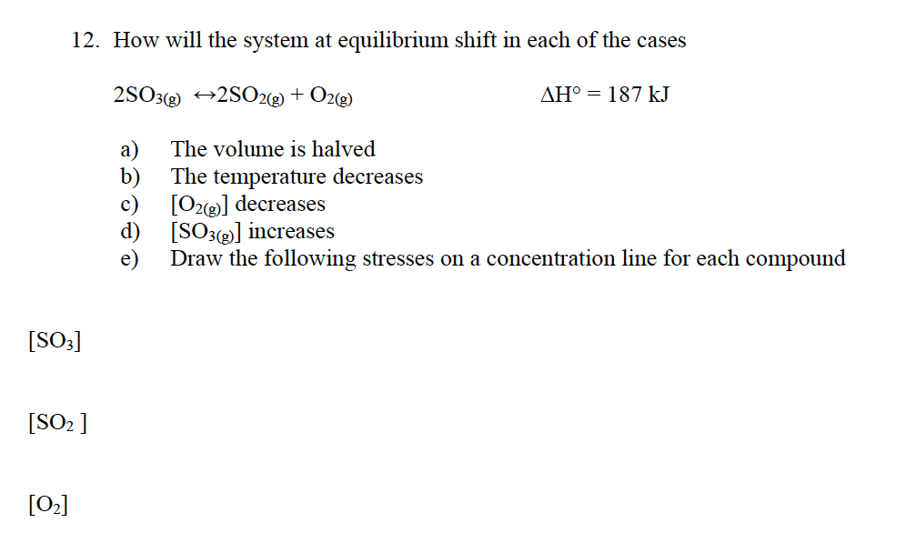 12. How will the system at equilibrium shift in each of the cases
2SO3( +2SO2@ + O2@)
AH° = 187 kJ
The volume is halved
а)
b)
The temperature decreases
[O2@] decreases
d)
[SO3(] increases
Draw the following stresses on a concentration line for each compound
e)
[SO3]
[SO2 ]
[02]
