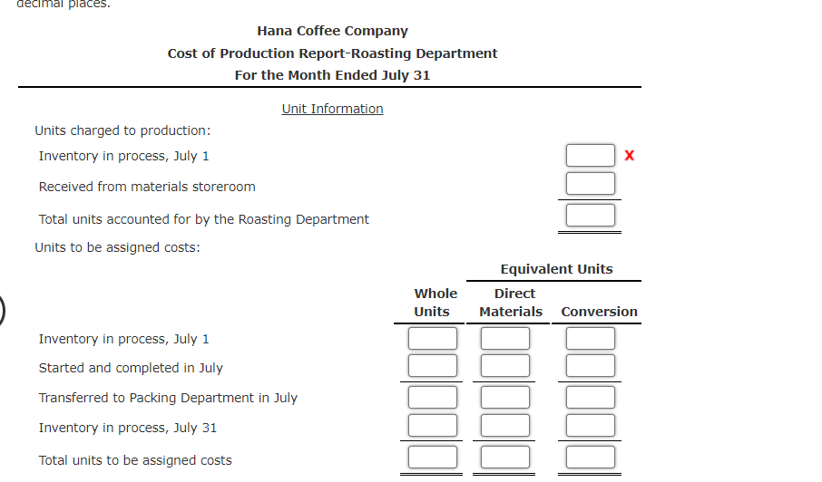 decimal places.
Hana Coffee Company
Cost of Production Report-Roasting Department
For the Month Ended July 31
Unit Information
Units charged to production:
Inventory in process, July 1
Received from materials storeroom
Total units accounted for by the Roasting Department
Units to be assigned costs:
Equivalent Units
Whole
Direct
Units
Materials Conversion
Inventory in process, July 1
Started and completed in July
Transferred to Packing Department in July
Inventory in process, July 31
Total units to be assigned costs
