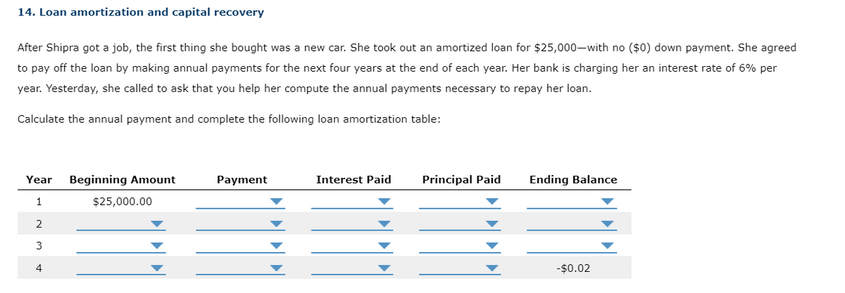 14. Loan amortization and capital recovery
After Shipra got a job, the first thing she bought was a new car. She took out an amortized loan for $25,000-with no ($0) down payment. She agreed
to pay off the loan by making annual payments for the next four years at the end of each year. Her bank is charging her an interest rate of 6% per
year. Yesterday, she called to ask that you help her compute the annual payments necessary to repay her loan.
Calculate the annual payment and complete the following loan amortization table:
Year Beginning Amount
1
2
3
4
$25,000.00
Payment
Interest Paid
Principal Paid
Ending Balance
-$0.02