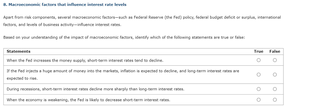 8. Macroeconomic factors that influence interest rate levels
Apart from risk components, several macroeconomic factors-such as Federal Reserve (the Fed) policy, federal budget deficit or surplus, international
factors, and levels of business activity-influence interest rates.
Based on your understanding of the impact of macroeconomic factors, identify which of the following statements are true or false:
Statements
When the Fed increases the money supply, short-term interest rates tend to decline.
If the Fed injects a huge amount of money into the markets, inflation is expected to decline, and long-term interest rates are
expected to rise.
During recessions, short-term interest rates decline more sharply than long-term interest rates.
When the economy is weakening, the Fed is likely to decrease short-term interest rates.
True False
O
O
O
O
O
O