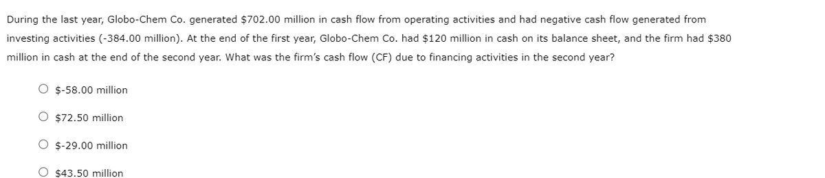 During the last year, Globo-Chem Co. generated $702.00 million in cash flow from operating activities and had negative cash flow generated from
investing activities (-384.00 million). At the end of the first year, Globo-Chem Co. had $120 million in cash on its balance sheet, and the firm had $380
million in cash at the end of the second year. What was the firm's cash flow (CF) due to financing activities in the second year?
O $-58.00 million
O $72.50 million
O $-29.00 million
O $43.50 million