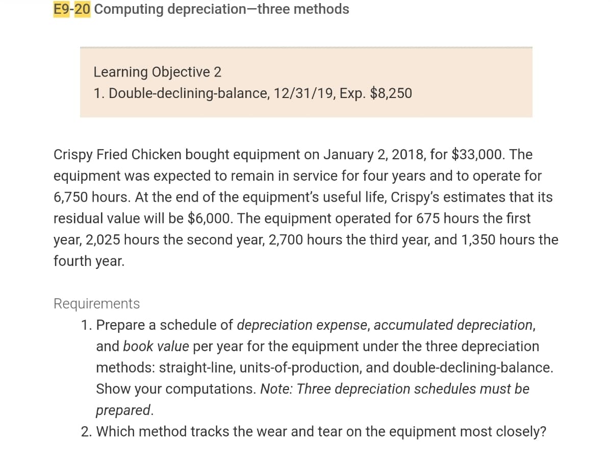 E9-20 Computing depreciation-three methods
Learning Objective 2
1. Double-declining-balance, 12/31/19, Exp. $8,250
Crispy Fried Chicken bought equipment on January 2, 2018, for $33,000. The
equipment was expected to remain in service for four years and to operate for
6,750 hours. At the end of the equipment's useful life, Crispy's estimates that its
residual value will be $6,000. The equipment operated for 675 hours the first
year, 2,025 hours the second year, 2,700 hours the third year, and 1,350 hours the
fourth year.
Requirements
1. Prepare a schedule of depreciation expense, accumulated depreciation,
and book value per year for the equipment under the three depreciation
methods: straight-line, units-of-production, and double-declining-balance.
Show your computations. Note: Three depreciation schedules must be
prepared.
2. Which method tracks the wear and tear on the equipment most closely?