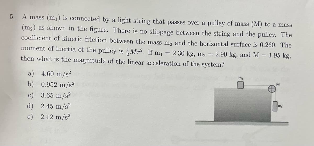 5. A mass (m₁) is connected by a light string that passes over a pulley of mass (M) to a mass
(m₂) as shown in the figure. There is no slippage between the string and the pulley. The
coefficient of kinetic friction between the mass m2 and the horizontal surface is 0.260. The
moment of inertia of the pulley is Mr². If m₁ = 2.30 kg, m₂ = 2.90 kg, and M = = 1.95 kg,
then what is the magnitude of the linear acceleration of the system?
a) 4.60 m/s²
b) 0.952 m/s²
c)
3.65 m/s²
d)
2.45 m/s²
e) 2.12 m/s²
m₂
M
m₂
