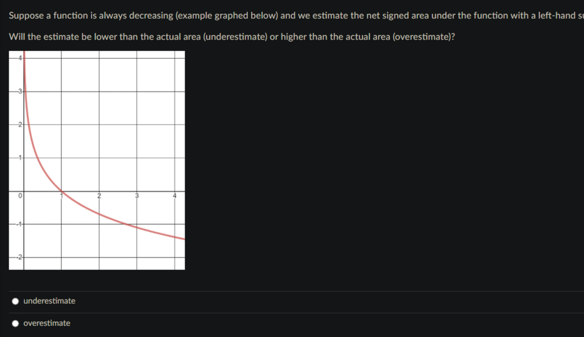 Suppose a function is always decreasing (example graphed below) and we estimate the net signed area under the function with a left-hand si
Will the estimate be lower than the actual area (underestimate) or higher than the actual area (overestimate)?
underestimate
overestimate
