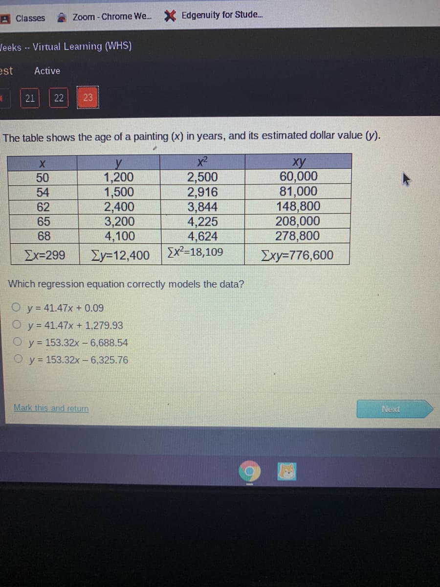 A Classes
Zoom - Chrome We.
Edgenuity for Stude..
Jeeks -- Virtual Learning (WHS)
est
Active
21
22
23
The table shows the age of a painting (x) in years, and its estimated dollar value (y).
x2
1,200
1,500
2,400
3,200
4,100
2,500
2,916
3,844
4,225
4,624
Ex²=18,109
ху
60,000
81,000
148,800
208,000
278,800
50
54
62
65
68
Ex=299
Ey=12,400
Exy=776,600
Which regression equation correctly models the data?
O y = 41.47x + 0.09
O y= 41.47x + 1,279.93
y = 153.32x - 6,688.54
y = 153.32x - 6,325.76
Mark this and return
Next
